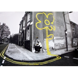 Posters Plakát, Obraz - Banksy street art - yellow flower, (59 x 42 cm)